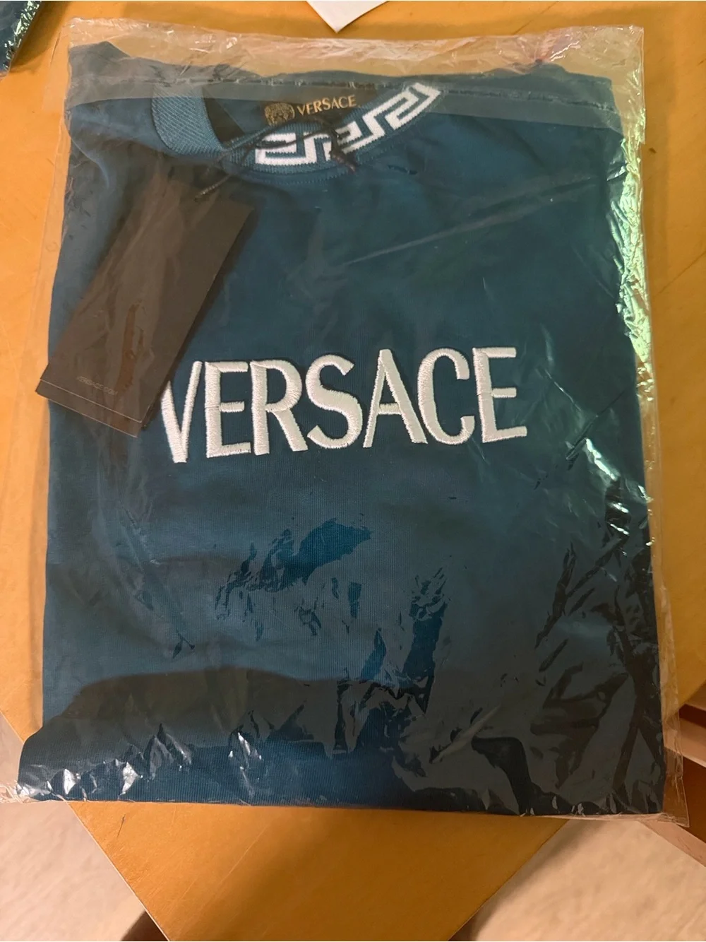 Versace Teal Greek Key Trim Short-Sleeve Logo Tee